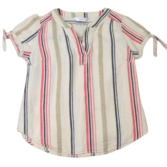 Linen Blend Short Tie Sleeve Pullover V-Neck Striped Blouse, Size Petite Small - Picture 1 of 7
